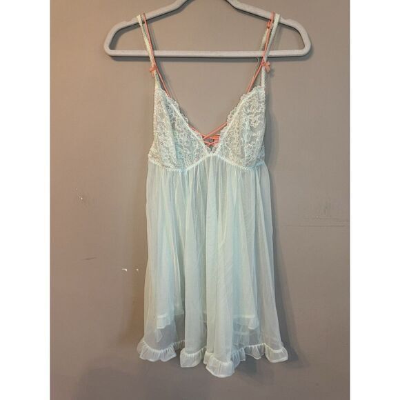 Victorias Secret Mint‎ Green Peach Sheer Nightie Teddie Large Open Back - Picture 1 of 3